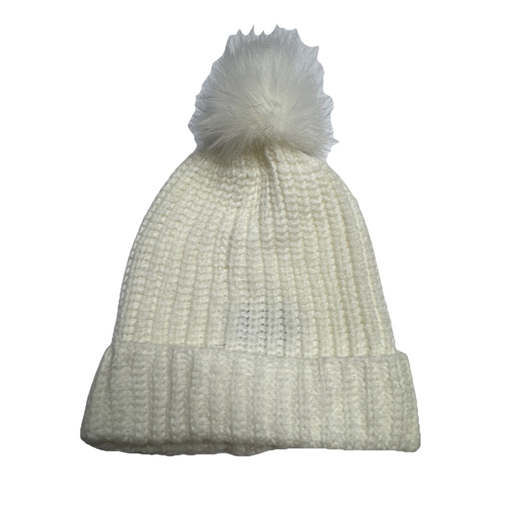 Mixit Womens Ivory Ribbed Knit‎ Faux Fur Pom Pom Beanie Hat One Size Cream